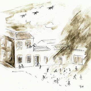 Bombardeo. Acuarela Teolfilo Zarceño.